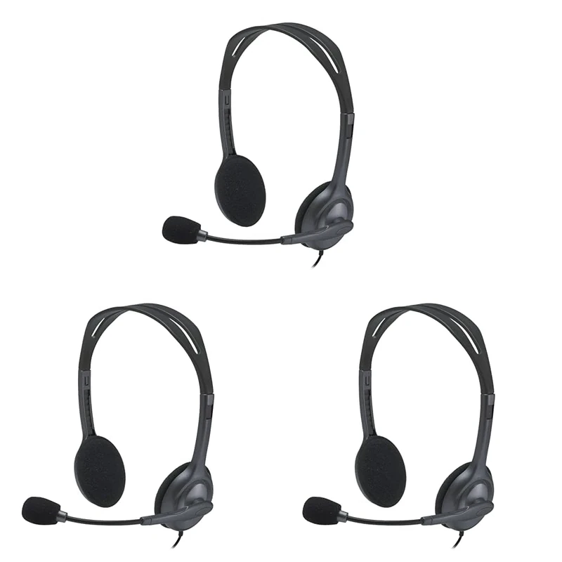 Logitech H111 Wired Headset, Stereo Headphones with Noise-Cancelling Microphone, 3.5 mm Audio Jack, PC/Mac/Laptop/Smartphone/Tablet - Black (Pack of 3)