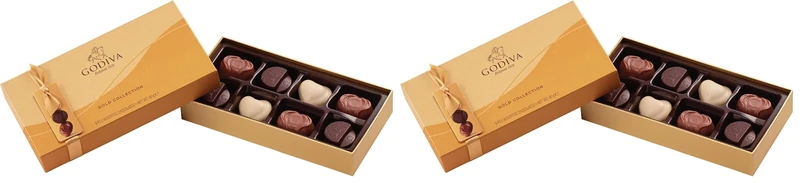 Godiva Gold Rigid Box 8pcs - Signature Milk, Dark and White Chocolate Filled with Ganache, Luscious Caramel, Smooth Pralines and Other Delectable Fillings - Tied With a Gold Ribbon - 90 Gr (Pack of 2)