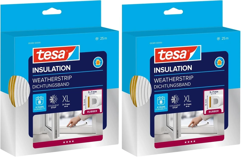 tesamoll D-Profile Seal - Self Adhesive Rubber Draught Excluder for Insulating Gaps in Windows and Doors - White - 25 m x 9 mm x 7 mm (Pack of 2)