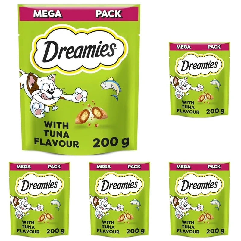 Dreamies Mega Pack Cat Treats, Tasty Snacks with Delicious Tuna, 6 Pouches of 200 g (Pack of 5)