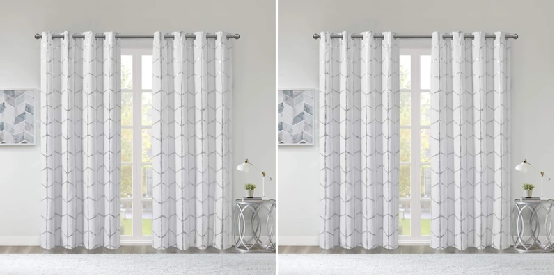Intelligent Design Raina Total Blackout Metallic Print Grommet Top Single Curtain Panel Thermal Insulated Light Blocking Drape for Bedroom Living Room and Dorm, 50x84, White/Silver 1 Piece (Pack of 2)