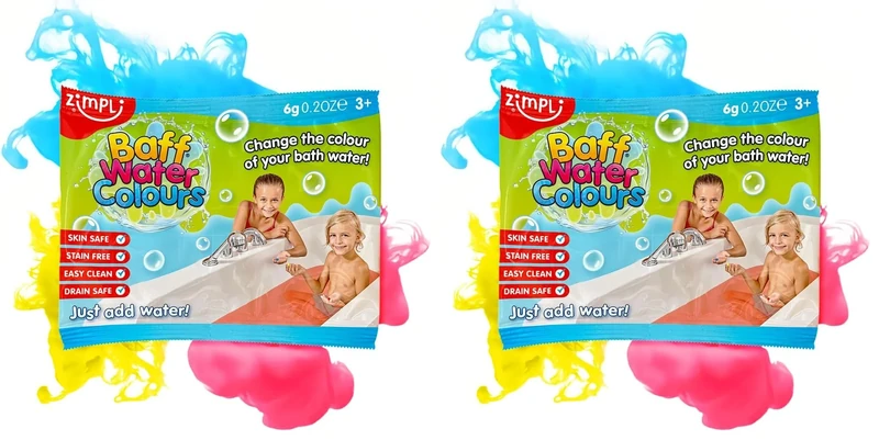 ZIMPLI - Baff Water Colours Party Bag Filler, 3 tabs in each bag, Blue, Red or Yellow, Children's Colour Changing Bath Tab Drops, Pass the Parcel Gifts (Pack of 2)