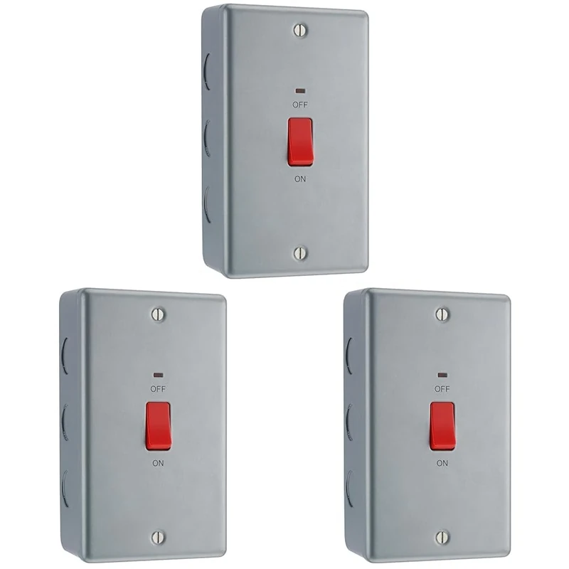 BG Electrical Large Cooker Switch with LED Power Indicator, Double Plate, Double Pole, Industrial Flat Profile, Scratch Resistant Steel, Metal Clad, Grey, 45A, MC572 (Pack of 3)