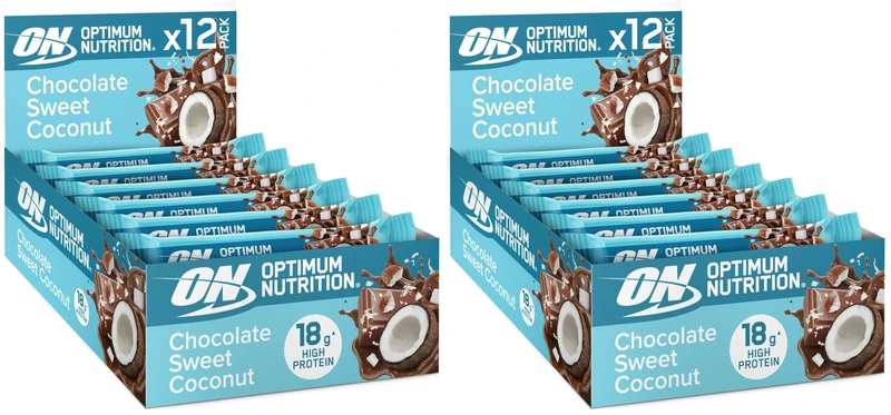 Optimum Nutrition Chocolate Sweet Coconut Protein Bars, On-the-Go Pre-Workout and Post-Workout Gym Snack Alternative for Men and Women, with Soy Protein, 12 x 59g (Pack of 2)