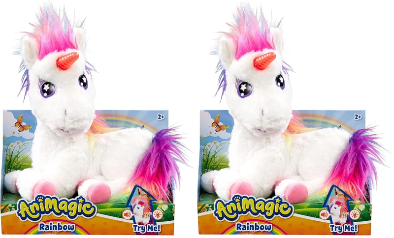Animagic: Rainbow The Glowing Unicorn | Interactive Unicorn Plush with a Magical Glowing Horn and Multicoloured Fur | For Kids Aged 2+ (Pack of 2)