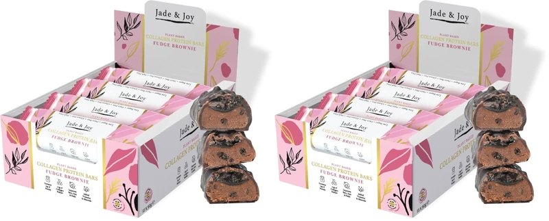 Jade & Joy Collagen Protein Bars, Fudge Brownie, 15g Protein, 2.5g Plant Collagen, Hyaluronic Acid, Low Sugar, Low Calories, Gluten Free, Dairy Free, Added Vitamins & Minerals, 12x50g (Pack of 2)