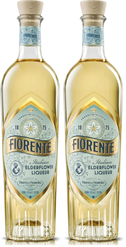 Fiorente Elderflower Liqueur 70cl, perfect for making a Hugo Spritz, all natural liqueur from wild Italian elderflower, 20% ABV (Pack of 2)