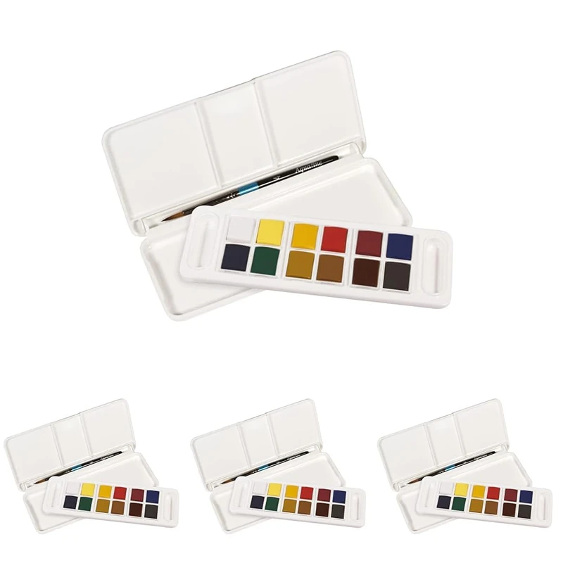 Daler Rowney Aquafine Watercolour 12 Half Pans Set + 1 Watercolour Brush, Assorted Colours, For Artists, Students & Hobbyists (Pack of 4)