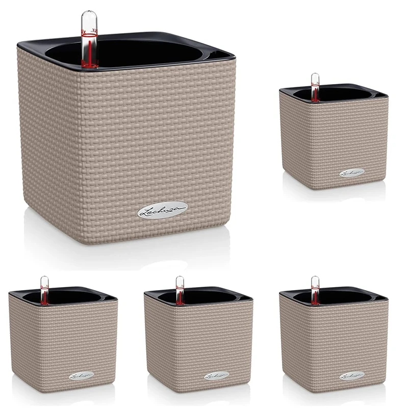 Lechuza CUBE Color 14 Self Watering Planter Small Platic Indoor Plant Pot without Drainage Hole H14 L14 W14 cm Sand Brown (Pack of 5)