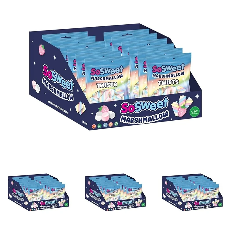 SoSweet Marshmallow Twists – 12 x 140g Bags of Soft, Fluffy Tutti Frutti Flavour Marshmallows | Great for Snacking, Desserts | Sweet Shop Favourite (Pack of 4)