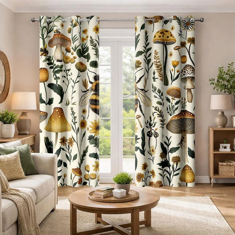 Rustic Boho Mushroom Blackout Curtains, Vintage Chic Bee Botanical Floral Farmhouse Cottagecore Aesthetic Window Drapes, Fairy Witchy Plant Curtain for Bedroom Living Room 2 Panels, 52"X84" Beige