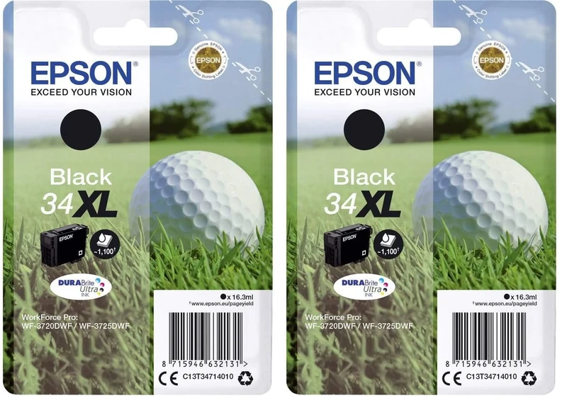Epson 34XL Black Golfball Genuine High Yield, DURABrite Ultra Ink Cartridge (Pack of 2)