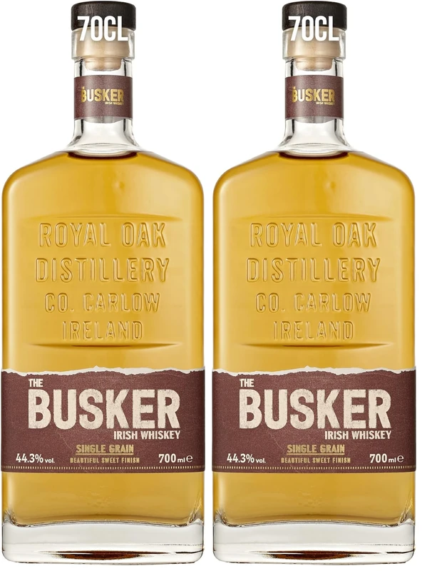 The Busker - Single Grain Irish Whiskey | 70cl | 44.3% vol | Medium Body with Notes of Caramel, Slight Vanilla and Oak | Gluten Free | Made at Royal Oak Distillery | Enjoy Neat or Over Ice (Pack of 2)