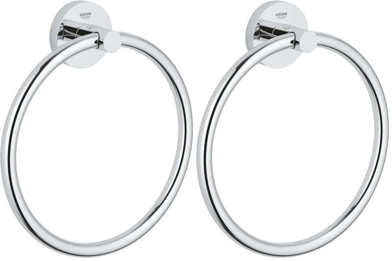 GROHE Start QuickFix Towel Ring (Metal, Concealed Fastening, Including Screws and Dowels, Extra Easy to Fit with GROHE QuickGlue), Size 200 mm, Chrome, 41174000 (Pack of 2)