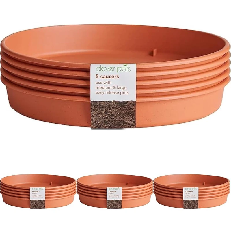 Clever Pots Plant Pot Saucers, 40x Round Saucers for use with Medium and Large Easy Release Pots, Indoor and Outdoor Plastic Plant Saucer, Weather Resistant & Lightweight Plant Saucers, Terracotta