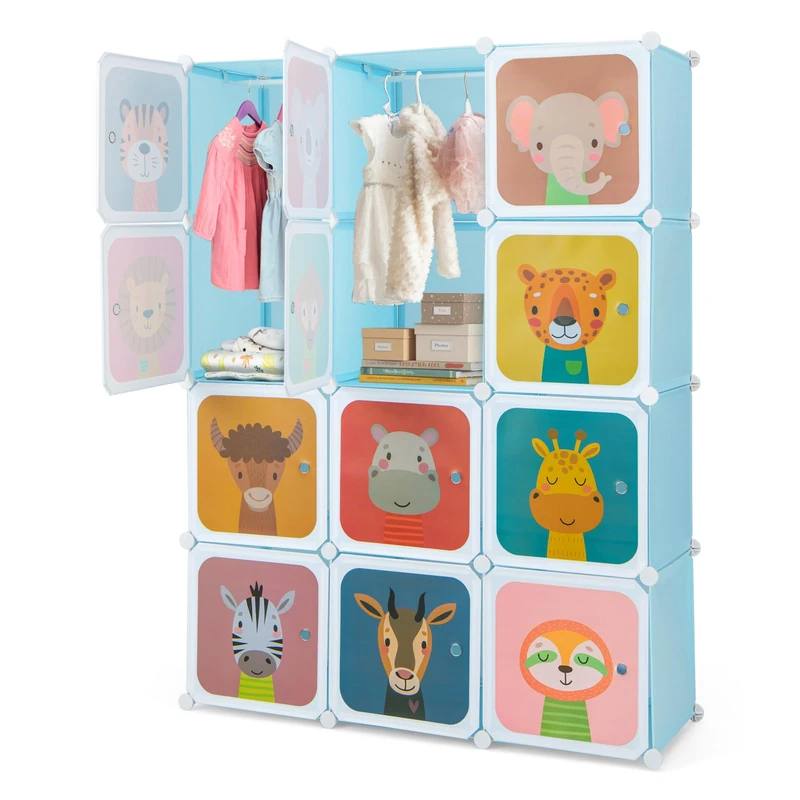 FANTASK Children's Wardrobe, Modular Plastic Cabinet with 12 Cubes, Storage Shelf with Doors & Hangers, Wardrobes for Children's Room, Bedroom (Blue, 12 Cubes) - Image 1