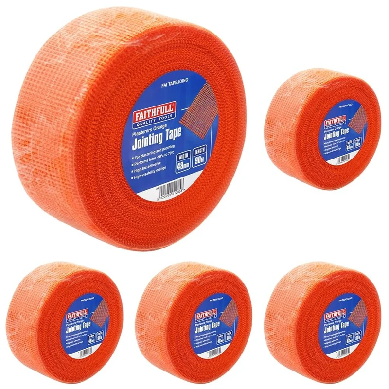 Faithfull FAITAPEJOINO Plasterers Jointing Tape, Drywall Adhesive Mesh for Plastering & Patching Tasks – Orange 48mm x 90M (Pack of 5)