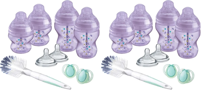 Tommee Tippee Advanced Anti-Colic Baby Bottle Starter Kit, Slow and Medium-Flow Breast-Like Teats for a Natural Latch, Triple-Vented Anti-Colic Wand, Purple (Pack of 2)