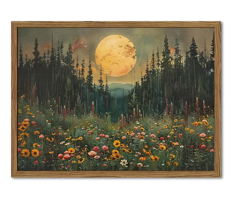 Vintage Forest Moon Wall Art, Nature Pine Tree Woodland Wall Decor Paintings, Dark Cottagecore Landscape 3D Textured Hand Drawn Sandstone Artwork for Bedroom Living Room 24x36 inch Wood Framed