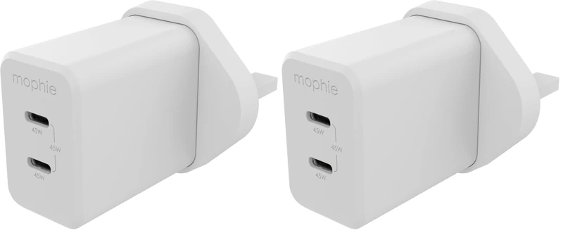 ZAGG mophie Speedport 45W 2-Ports USB-C Fast Charger, UK Wall Adapter for SmartPhones, Tablets, & Laptops - GaN Technology, Ultra-Compact, Charges 2 Devices Simultaneously (White) (Pack of 2)