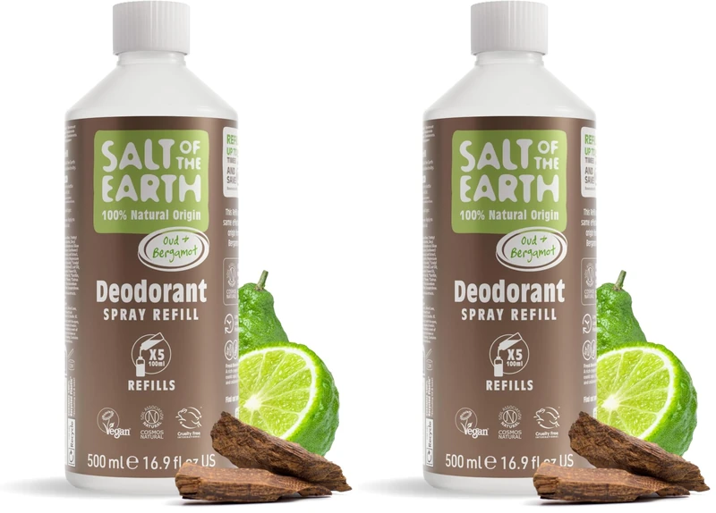 Salt of the Earth - Natural Deodorant Spray Refill - Oud & Bergamot - 100% Natural Origin Ingredients - Vegan - Suitable for Men, Women & Children - 500ml (Pack of 2)
