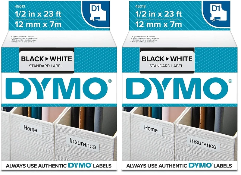 Dymo D1 Standard Labelling Tape 12mm x 7m - Black on White (Pack of 2)