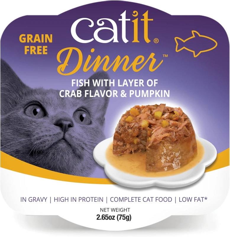Catit Cuisine Dinner, Fish Topped with Pumpkin & Crab Flavour Dual-Layered Terrine, Grain Free Wet Cat Food in Gravy, Real Meat Food for Adult Cats 1 x 75g (Pack of 6)