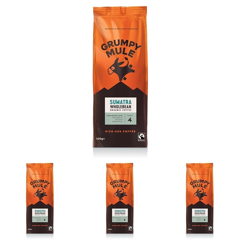 Grumpy Mule Sumatra Mount Gayo Organic Whole Coffee Beans 500g x 4