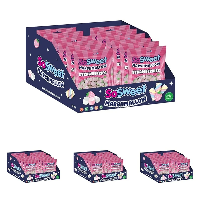 SoSweet Marshmallow Strawberries – 12 x 140g Bags of Soft, Fruity Strawberry-Flavoured Marshmallows | Great for Snacking, Desserts | Light & Fluffy Sweet Treats (Pack of 4)