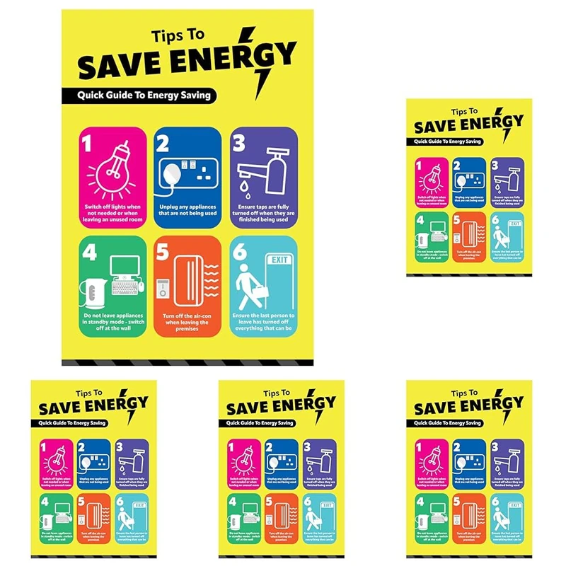 V Safety Energy Saving Poster - Tips to Save Energy - A3-297x420 - Polypropylene (Pack of 5)