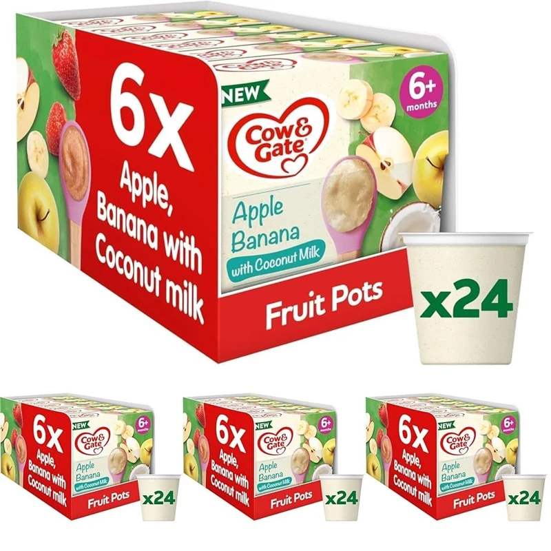 Cow & Gate Baby Food - Apple & Banana with Coconut Milk - Baby, Toddler and Kids Snacks - Fruit Pot Multipack - 6+ Months - 4x95g (24 Pots) (Pack of 4)