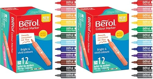 Berol Felt Tip Colouring Markers | Bullet Point (2.0mm) | Assorted Colours with Washable Ink | 12 Pens (Pack of 2)