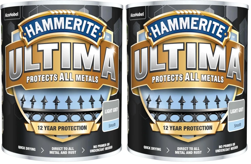 Hammerite Ultima Metal Paint Smooth Finish Light Grey 750ml – Advanced Protection, Direct to Rust, Water-Based, Durable Exterior Coating (Pack of 2)