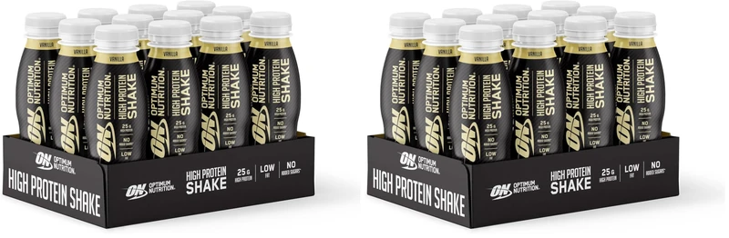 ON High Protein Shake Bottles, Ready to Drink Healthy Snacks, No Added sugars, Low Fat, Post Workout Snack for Men and Women, Vanilla Flavour, 12x330ml, Packaging May Vary (Pack of 2)