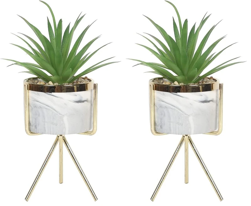 Sleepdown Halo Green Leaf Marble Stand Faux Artificial Succulent Plant for Home Office Bathroom Decor Indoor Decoration Aesthetics, Small (Pack of 2)