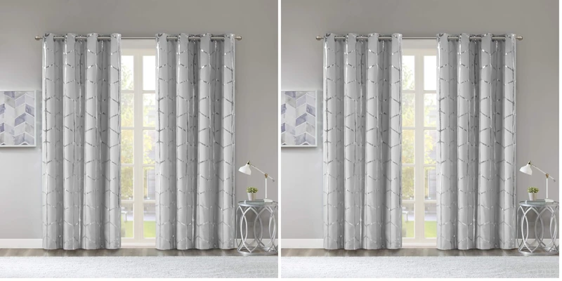 Intelligent Design Raina Total Blackout Metallic Print Grommet Top Single Curtain Panel Thermal Insulated Light Blocking Drape for Bedroom Living Room and Dorm 1 Piece, 50x84, Grey/Silver (Pack of 2)