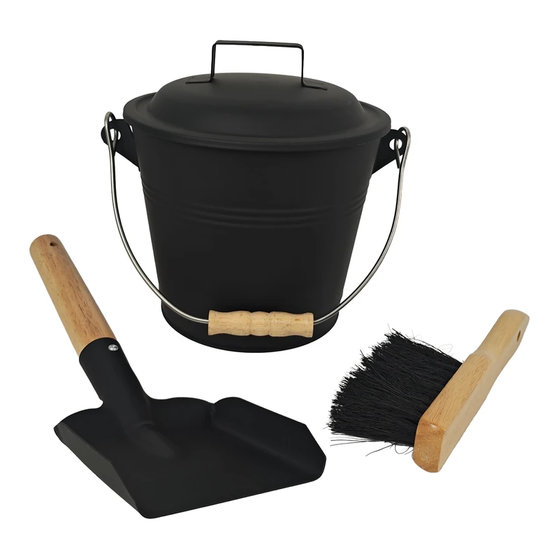 Relaxdays Ash Bucket with Lid, 4.5L, Includes Ash Brush & Shovel, Handle, Black/Natural, 18x21.5x16.5cm
