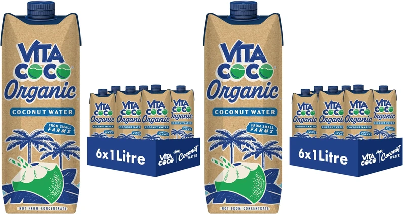 Vita Coco Organic Coconut Water 6x1L, Packed With Electrolytes, High in Vitamin C and Potassium, No Fat, Low in Calories, Non-GMO, Gluten-Free, Vegan (Pack of 2)