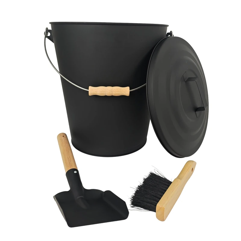 Relaxdays Ash Bucket with Lid, Brush & Shovel, Handle, 24L, Black/Natural, 37.5 x 34 x 25.5 cm