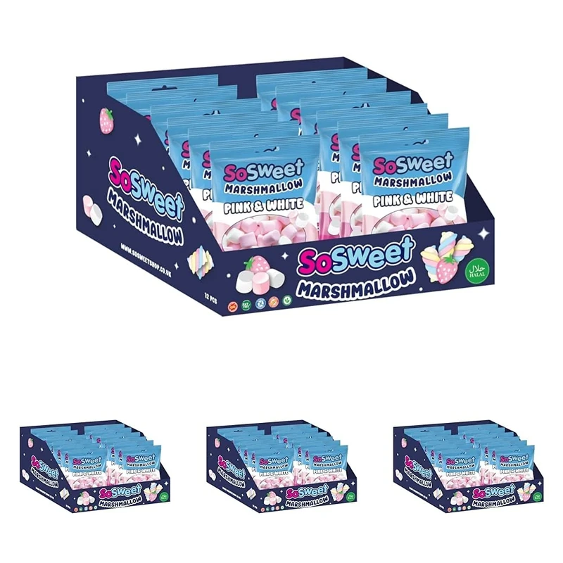 SoSweet Marshmallow Pink & White – 12 x 140g Bags of Soft, Fluffy Vanilla and Strawberry-Flavoured Marshmallows | Great for Snacking, Baking & Desserts | Classic Sweet Treats (Pack of 4)