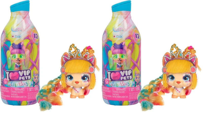 VIP PETS Color Boost | Surprise collectible puppy doll with long hair to style (30cm) + Accesories & Chalk hair dye - Gift toy for kids +3 Years (Pack of 2)