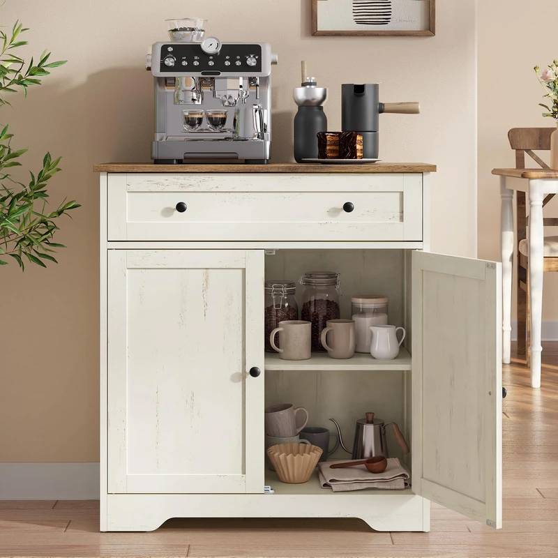 VASAGLE Collection - Storage Cabinet, Farmhouse Buffet Cabinet with Drawer and Adjustable Shelf, Double Doors, Sideboard, Coffee Bar, 40 x 72 x 80 cm, Rustic White and Honey Brown SIREN LSC521WJ01 - Image 1