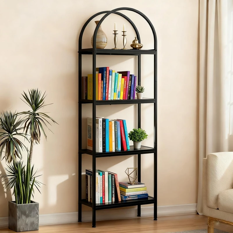 Garvee Bookcase, 5 Shelves Storage Shelf, Metal Frame, Industrial Shelf Storage Unit for Living Room, Bedroom, Office, 60 x 28 x 183 cm (Brown, 4 Tiers)