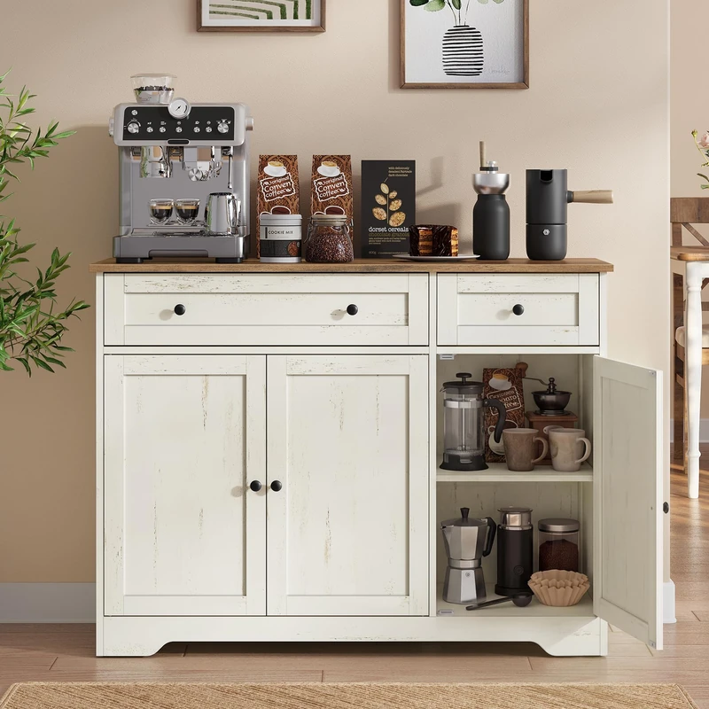 VASAGLE Collection - Storage Cabinet, Farmhouse Buffet Cabinet with 2 Drawers and Adjustable Shelves, 3 Doors, Sideboard, Coffee Bar, 40 x 107 x 80 cm, Rustic White and Honey Brown SIREN LSC531WJ01 - Image 1