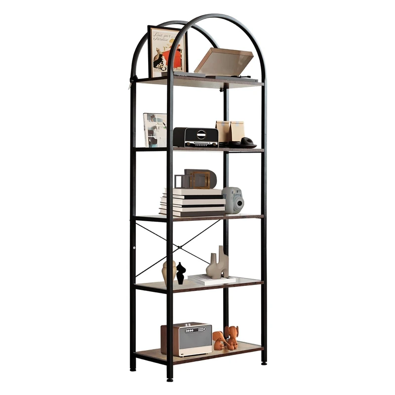 Garvee Bookcase, 5 Shelves Storage Shelf, Metal Frame, Industrial Shelf Storage Unit for Living Room, Bedroom, Office, 60 x 28 x 183 cm (Brown, 5 Tiers)