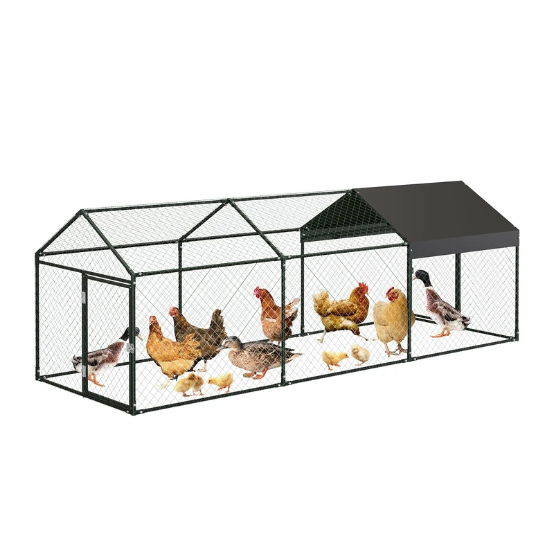 Chicken Coop 3 m², Metal Chicken House 3 x 1 x 1 m, Chicken Enclosure with Safety Lock and Waterproof PE Colour Cloth, Outdoor Run for Chickens, Rabbits and Small Animals