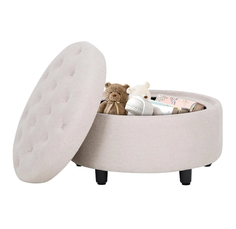 Round Storage Ottoman Footstool with Reversible Wooden Lid, 63.5cm Padded Pouffe Stool with Hidden Storage, Soft Linen Fabric Foot Rest with Anti-Slip Legs, Multifunctional Coffee Table Ottoman
