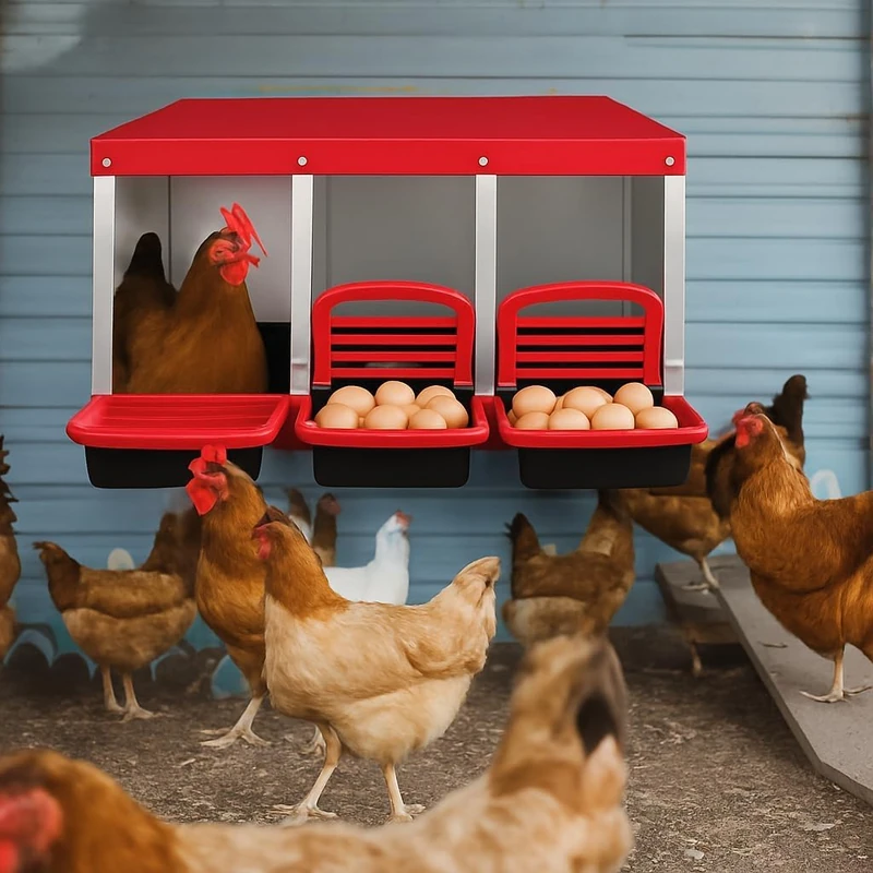 Metal Laying Nest for Chickens, Rolling Nest for Chickens, 3 Compartments, Poultry Nests with Inclined Base, Ventilation Holes, Chicken Nests for Wall Mounting, Easy to Clean, 80 x 52 x 47 cm, Red