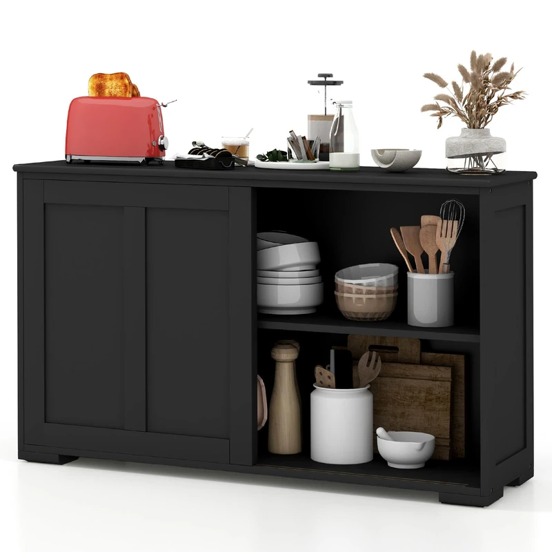 GiantexUK Kitchen Sideboard, Wooden Buffet Cabinet with Adjustable Shelf and Sliding Doors, Freestanding Storage Cupboard Unit for Dining Living Room Hallway (without glass, Black)