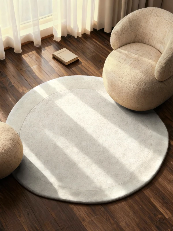 Villeroy & Boch Kari Organic Round Wool Rug - Soft Natural Living Room Rug with Border, Handmade & Natural, Modern for Living Room, Bedroom, Dining Room, Hallway - Natural Cream, Diameter 160 cm